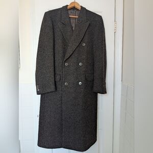 Prandina Vintage Italian Double Breasted Black/Brown Herringbone Overcoat 38R